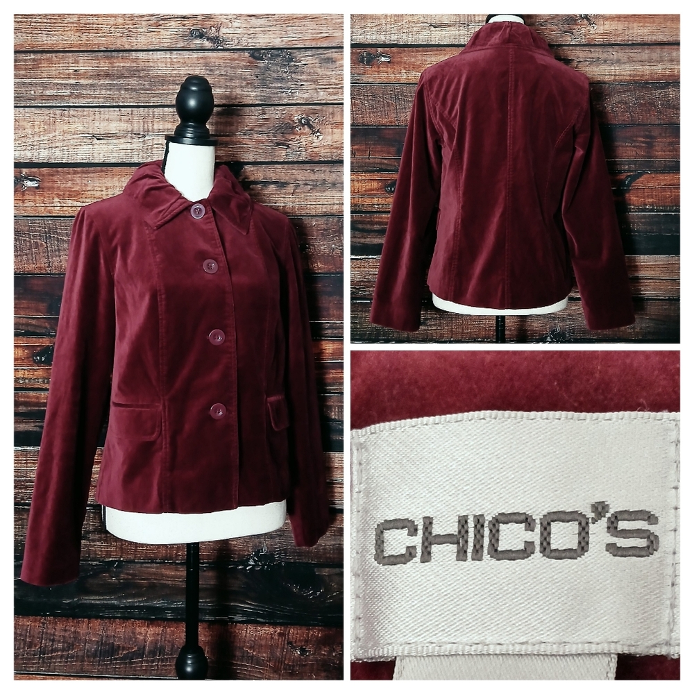 Chicos Velvet Jacket Size 0 US S Burgundy Wine Ruffle Collar Button Front